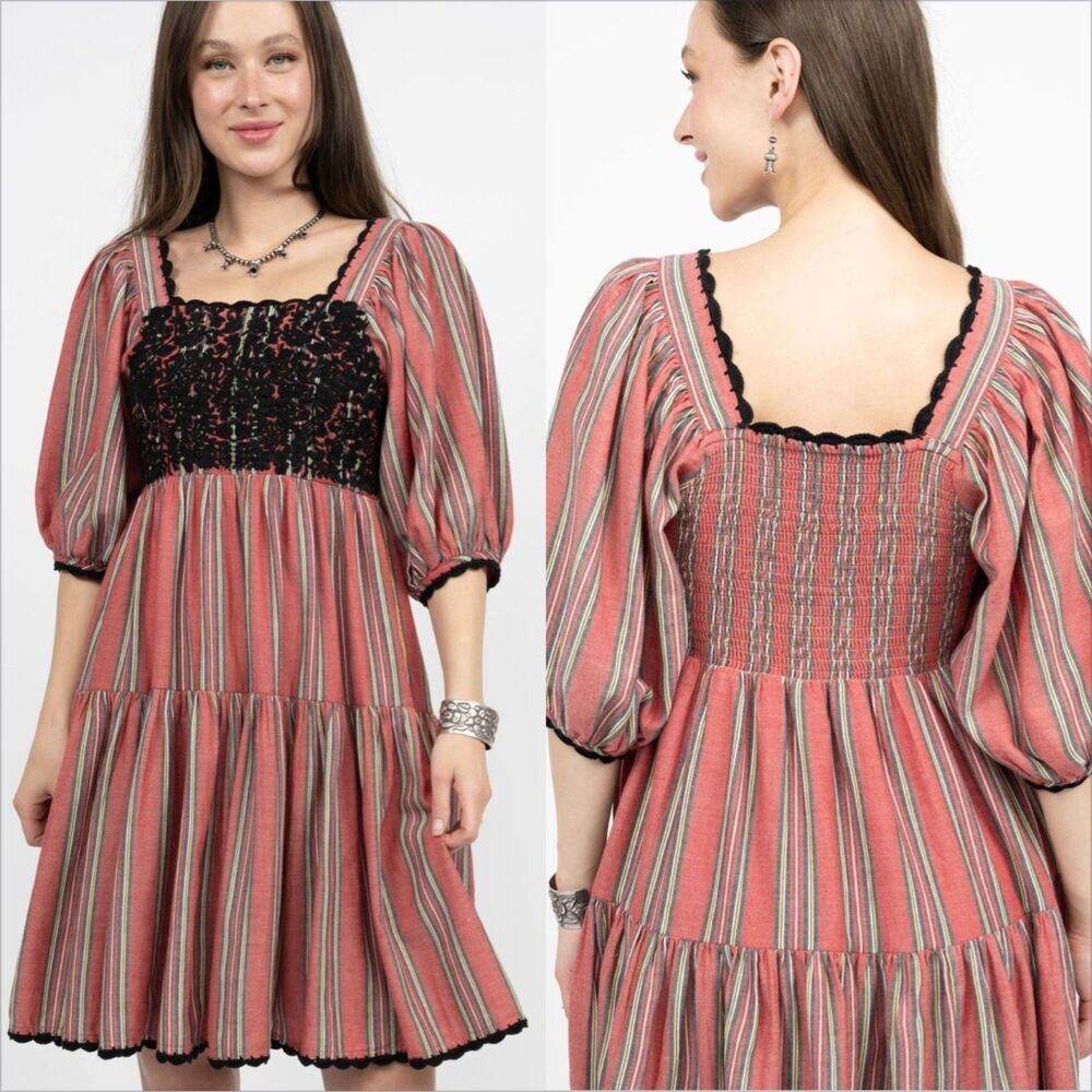 Sister Mary Sierra Dress Size Large Cotton Stripe Embroidered Smocked Boho Red